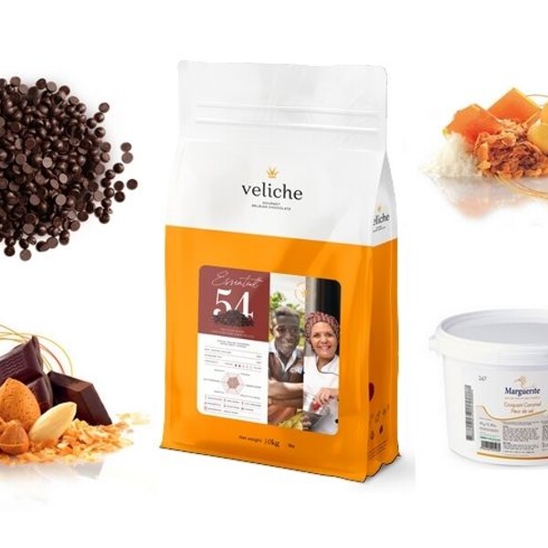 Veliche Essential 54% gourmet belgická čokoláda a Praliné croquant